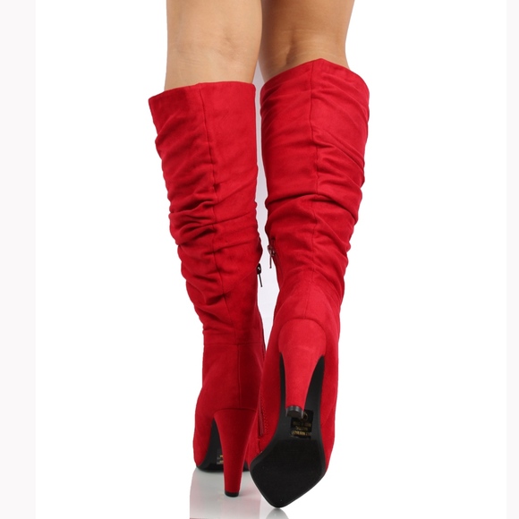 Red Faux Suede Slouchy Knee High Stiletto Boot - Picture 6 of 6
